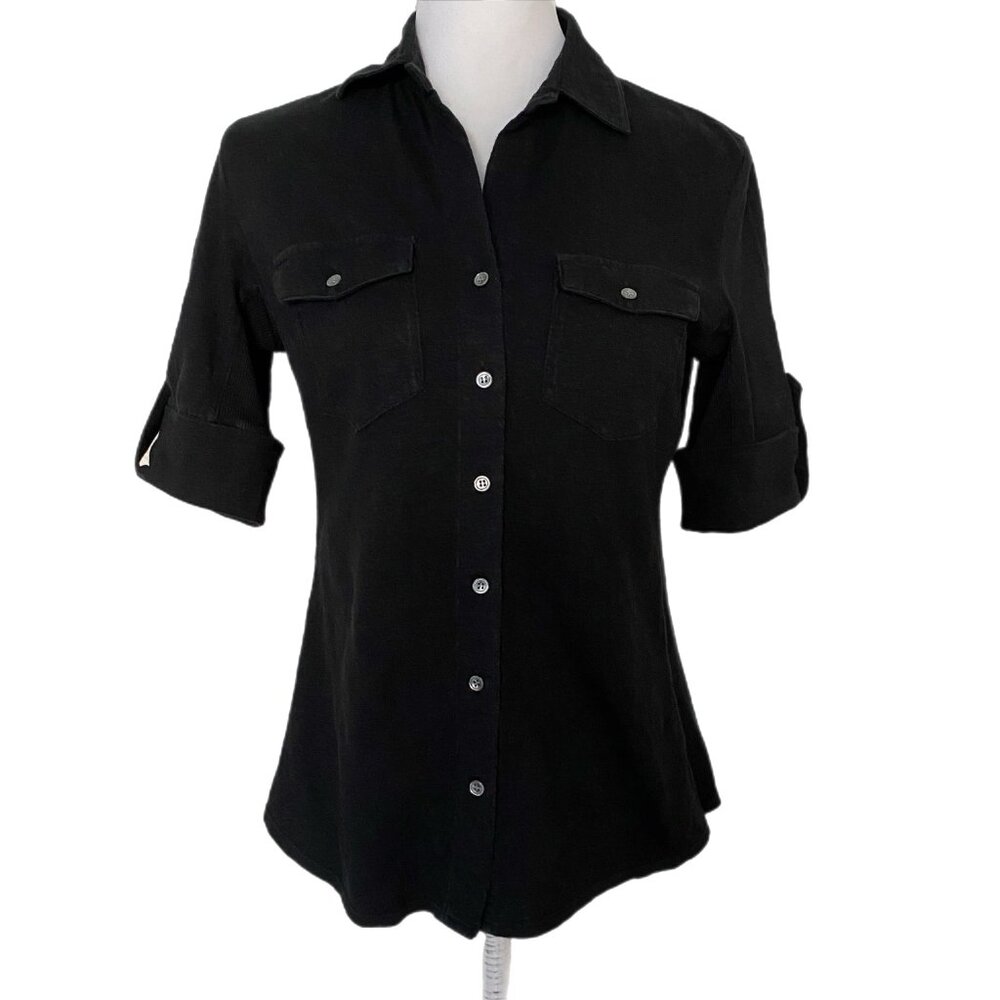 Sandra Ingrish Black Knit Top Collared Button Down 100% Cotton Shirt Small Petit
